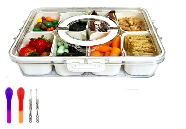 Tosse Serving Tray with Lid, Snack Box, Portable Snack Platters Organizer, Charcuterie Container with 8 Compartments & 5 Forks, Food Storage Containers, Keep Your Candy, Chips Fresh.